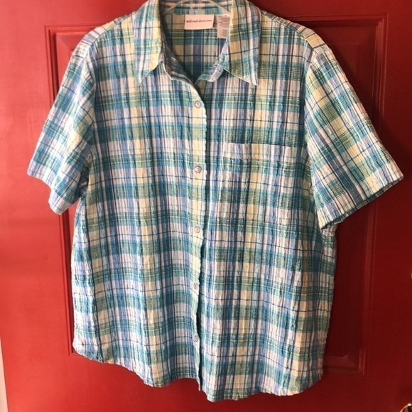 ALFRED DUNNER SZ 16 Blue Plaid Seersucker Button Down Short Sleeve  Cotton Blend - Picture 6 of 9